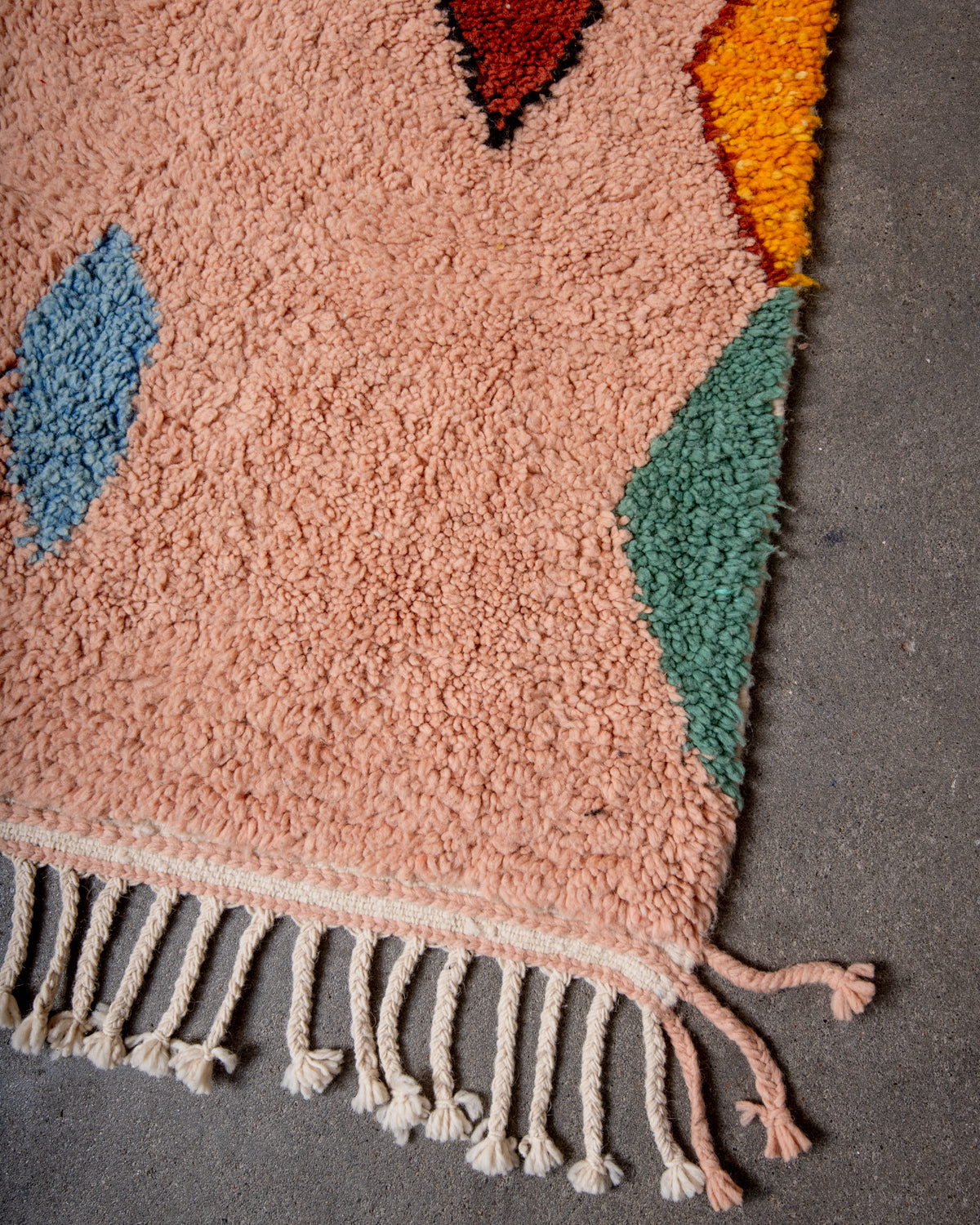 Modern, designer, handcrafted Berber rug from Morocco. Beniourain carpet with beautiful colours and patterns and fluffy wool texture.